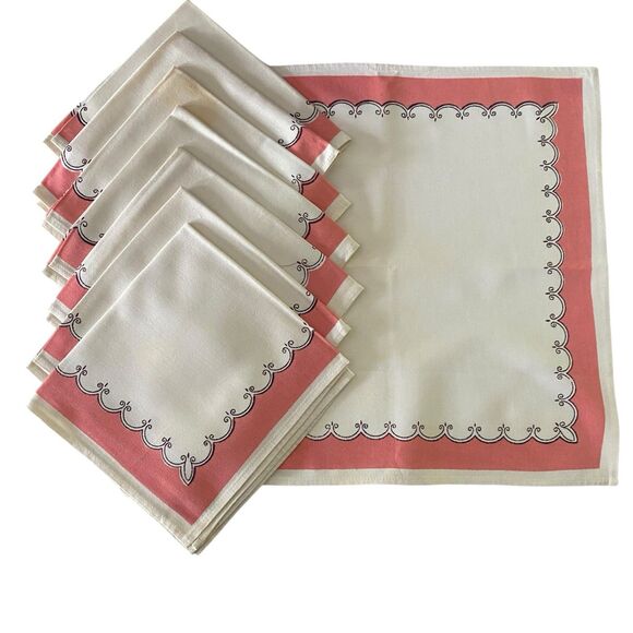 Lot of 8 Cloth Napkins Ivory Pink Black 16" x  15" Cotton Dining Vintage - Picture 1 of 4
